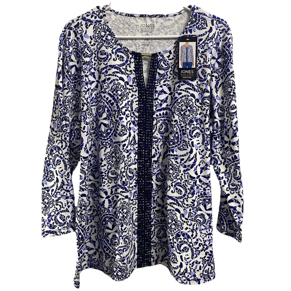 Jones New York Womens Blue&White Tunic V-Neck Blouse Top Beautiful Print NWT